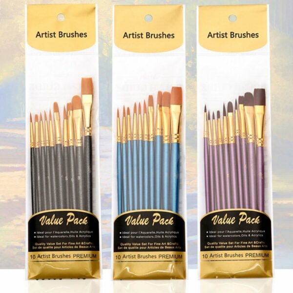 Artist Paint Brush Set 10Pcs High Quality Nylon Hair Wood Black Handle Watercolor Acrylic Oil Brush Painting Art Supplies 2