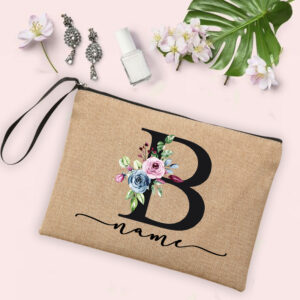 Flower Initial Letter Custom Name Cosmetic Bag Women Neceser Makeup Bag Linen Zipper Pouch Travel Toiletry Organizer Mujer Bolsa 24