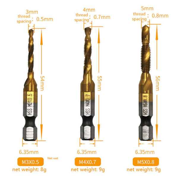 New Titanium Plated Hex Shank HSS Screw Thread Metric Tap Drill Bits Screw Machine Compound M3 M4 M5 M6 M8 M10 Hand Tools 6