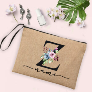 Flower Initial Letter Custom Name Cosmetic Bag Women Neceser Makeup Bag Linen Zipper Pouch Travel Toiletry Organizer Mujer Bolsa 30