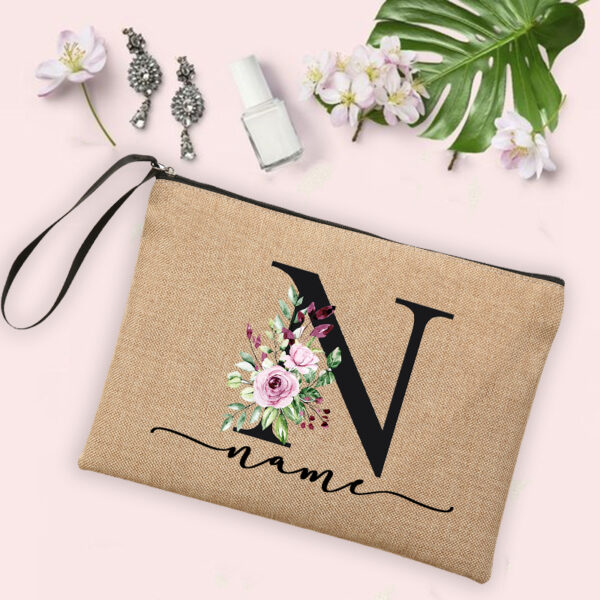 Flower Initial Letter Custom Name Cosmetic Bag Women Neceser Makeup Bag Linen Zipper Pouch Travel Toiletry Organizer Mujer Bolsa 20