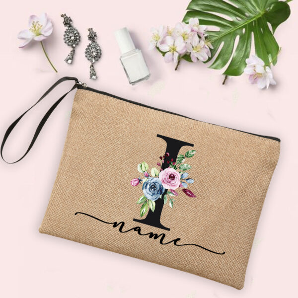 Flower Initial Letter Custom Name Cosmetic Bag Women Neceser Makeup Bag Linen Zipper Pouch Travel Toiletry Organizer Mujer Bolsa 15