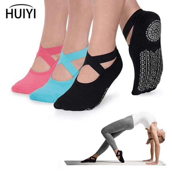 Yoga Socks for Women Non-Slip Grips & Straps, Bandage Cotton Sock, Ideal for Pilates Pure Barre Ballet Dance Barefoot Workout 1