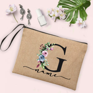 Flower Initial Letter Custom Name Cosmetic Bag Women Neceser Makeup Bag Linen Zipper Pouch Travel Toiletry Organizer Mujer Bolsa 17