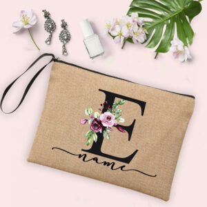 Flower Initial Letter Custom Name Cosmetic Bag Women Neceser Makeup Bag Linen Zipper Pouch Travel Toiletry Organizer Mujer Bolsa 25