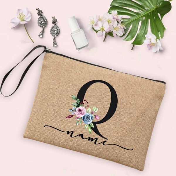 Flower Initial Letter Custom Name Cosmetic Bag Women Neceser Makeup Bag Linen Zipper Pouch Travel Toiletry Organizer Mujer Bolsa 7