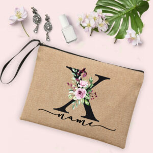 Flower Initial Letter Custom Name Cosmetic Bag Women Neceser Makeup Bag Linen Zipper Pouch Travel Toiletry Organizer Mujer Bolsa 32