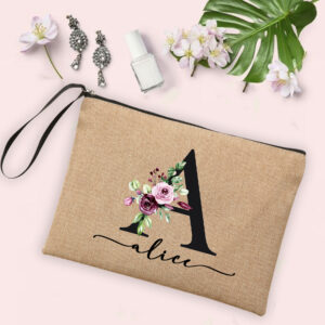 Flower Initial Letter Custom Name Cosmetic Bag Women Neceser Makeup Bag Linen Zipper Pouch Travel Toiletry Organizer Mujer Bolsa 23