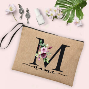 Flower Initial Letter Custom Name Cosmetic Bag Women Neceser Makeup Bag Linen Zipper Pouch Travel Toiletry Organizer Mujer Bolsa 19