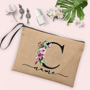 Flower Initial Letter Custom Name Cosmetic Bag Women Neceser Makeup Bag Linen Zipper Pouch Travel Toiletry Organizer Mujer Bolsa 27