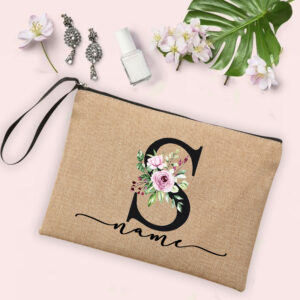 Flower Initial Letter Custom Name Cosmetic Bag Women Neceser Makeup Bag Linen Zipper Pouch Travel Toiletry Organizer Mujer Bolsa 13