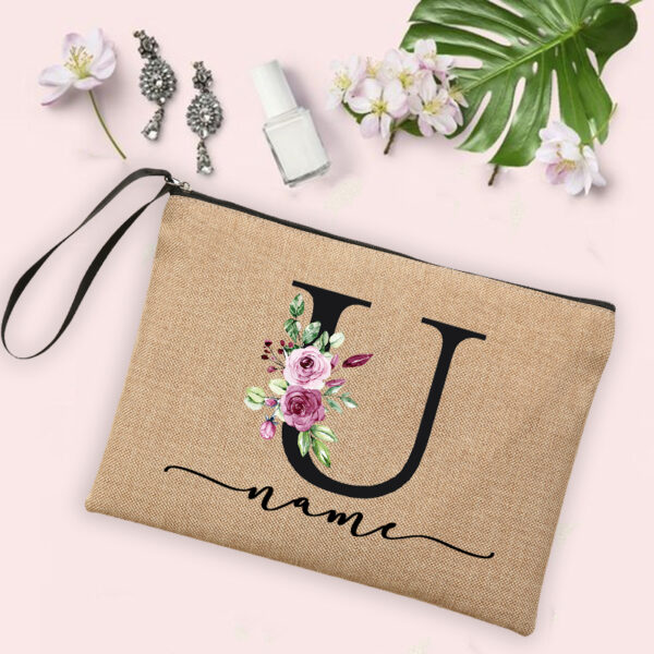 Flower Initial Letter Custom Name Cosmetic Bag Women Neceser Makeup Bag Linen Zipper Pouch Travel Toiletry Organizer Mujer Bolsa 11