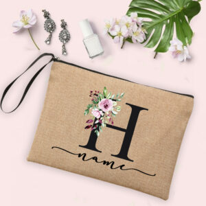 Flower Initial Letter Custom Name Cosmetic Bag Women Neceser Makeup Bag Linen Zipper Pouch Travel Toiletry Organizer Mujer Bolsa 18