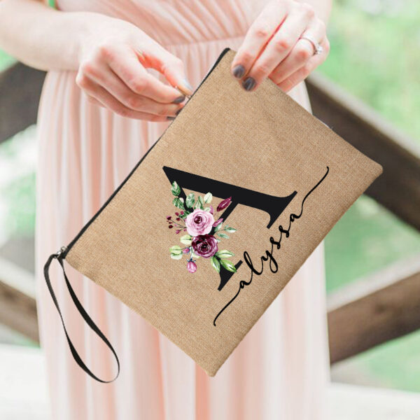 Flower Initial Letter Custom Name Cosmetic Bag Women Neceser Makeup Bag Linen Zipper Pouch Travel Toiletry Organizer Mujer Bolsa 1