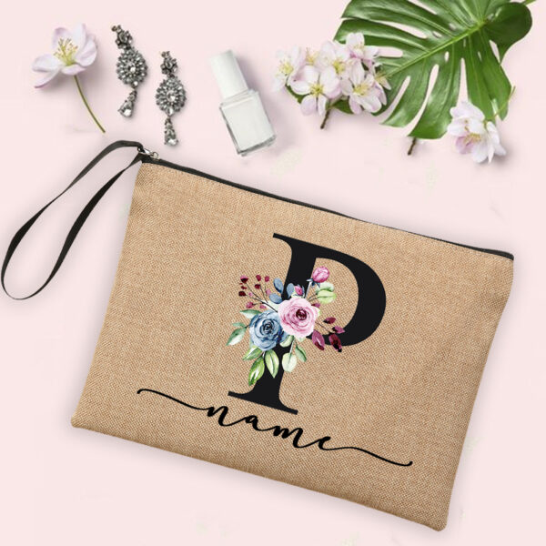 Flower Initial Letter Custom Name Cosmetic Bag Women Neceser Makeup Bag Linen Zipper Pouch Travel Toiletry Organizer Mujer Bolsa 10