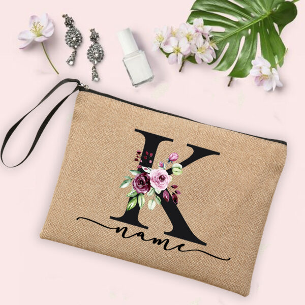 Flower Initial Letter Custom Name Cosmetic Bag Women Neceser Makeup Bag Linen Zipper Pouch Travel Toiletry Organizer Mujer Bolsa 21