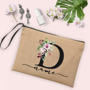 Flower Initial Letter Custom Name Cosmetic Bag Women Neceser Makeup Bag Linen Zipper Pouch Travel Toiletry Organizer Mujer Bolsa 28