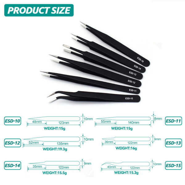 ESD Anti-Static Stainless Steel Tweezers Precision Maintenance Industrial Repair Curved Tool Home Working Model Making Hand Tool 6