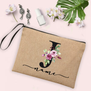 Flower Initial Letter Custom Name Cosmetic Bag Women Neceser Makeup Bag Linen Zipper Pouch Travel Toiletry Organizer Mujer Bolsa 16