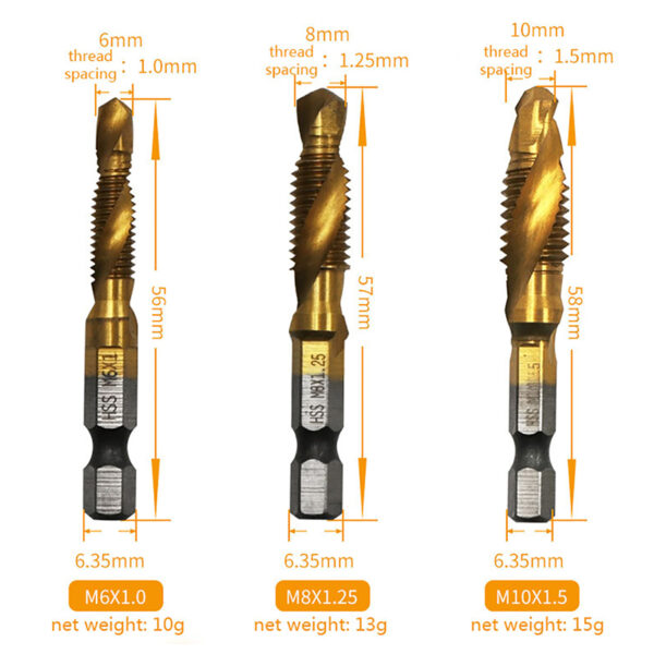 New Titanium Plated Hex Shank HSS Screw Thread Metric Tap Drill Bits Screw Machine Compound M3 M4 M5 M6 M8 M10 Hand Tools 5