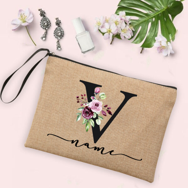 Flower Initial Letter Custom Name Cosmetic Bag Women Neceser Makeup Bag Linen Zipper Pouch Travel Toiletry Organizer Mujer Bolsa 12