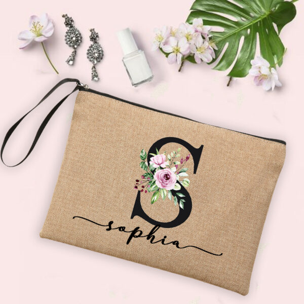 Flower Initial Letter Custom Name Cosmetic Bag Women Neceser Makeup Bag Linen Zipper Pouch Travel Toiletry Organizer Mujer Bolsa 2