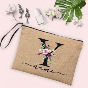 Flower Initial Letter Custom Name Cosmetic Bag Women Neceser Makeup Bag Linen Zipper Pouch Travel Toiletry Organizer Mujer Bolsa 29