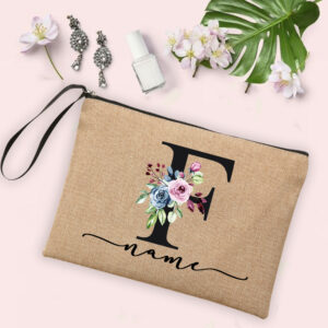 Flower Initial Letter Custom Name Cosmetic Bag Women Neceser Makeup Bag Linen Zipper Pouch Travel Toiletry Organizer Mujer Bolsa 26