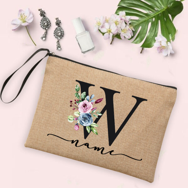 Flower Initial Letter Custom Name Cosmetic Bag Women Neceser Makeup Bag Linen Zipper Pouch Travel Toiletry Organizer Mujer Bolsa 31