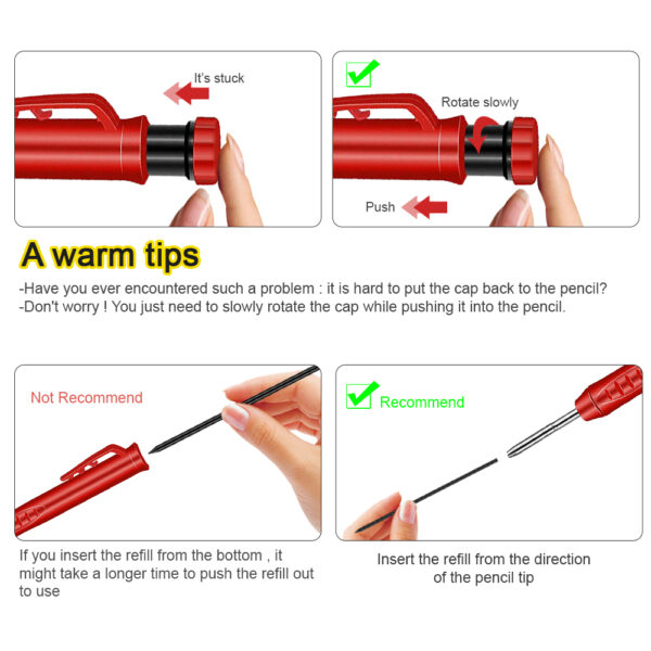 Solid Carpenter Pencil with Refill Leads and Built-in Sharpener for Deep Hole Mechanical Pencil Marker Marking Woodworking Tools 6