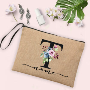 Flower Initial Letter Custom Name Cosmetic Bag Women Neceser Makeup Bag Linen Zipper Pouch Travel Toiletry Organizer Mujer Bolsa 14