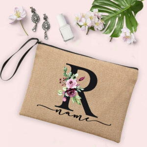 Flower Initial Letter Custom Name Cosmetic Bag Women Neceser Makeup Bag Linen Zipper Pouch Travel Toiletry Organizer Mujer Bolsa 8