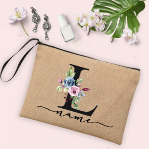 Flower Initial Letter Custom Name Cosmetic Bag Women Neceser Makeup Bag Linen Zipper Pouch Travel Toiletry Organizer Mujer Bolsa 22