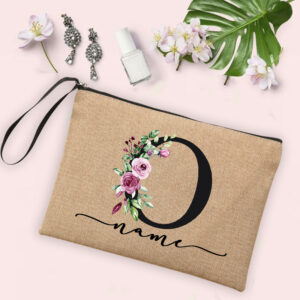 Flower Initial Letter Custom Name Cosmetic Bag Women Neceser Makeup Bag Linen Zipper Pouch Travel Toiletry Organizer Mujer Bolsa 9