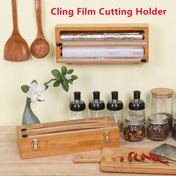 Food Wrap Cutter Dispenser Foil Cling Film Wrap Dispenser Cutter Bamboo Wood Storage Holder Home Kitchen Accessories Tools 1