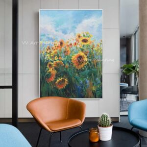 Handmade large size thick sunflower plant green and blue canvas simple oil painting for home office decoration as a gift 2