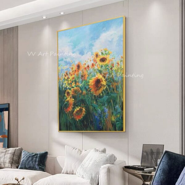 Handmade large size thick sunflower plant green and blue canvas simple oil painting for home office decoration as a gift 3