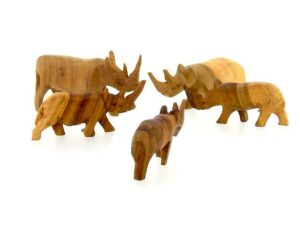 Vintage Wooden Rhino Figurine Family - 5 Piece Set