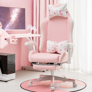 New pink gaming chair with bow headrest lumbar pillow comfortable office computer chair adjustable arm swivel chair 1