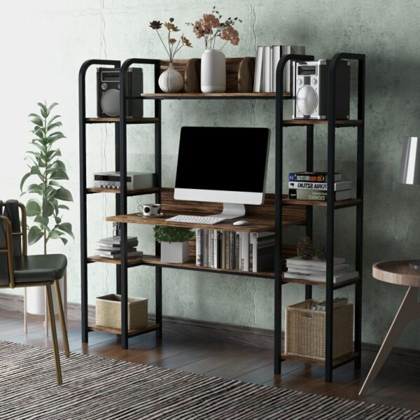 Industrial Style Computer Desk with Storage Hutch and Double Bookcase, Computer Workstation with Storage Bookshelf Home Office 2