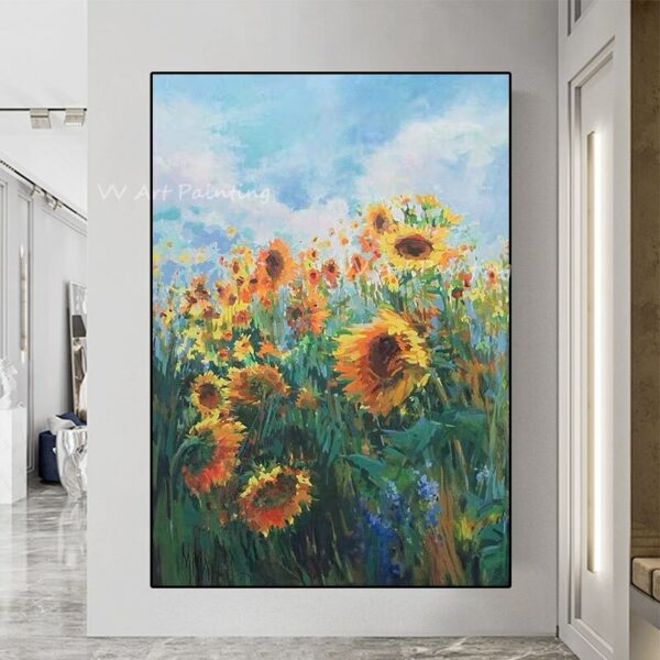 Handmade large size thick sunflower plant green and blue canvas simple oil painting for home office decoration as a gift 5