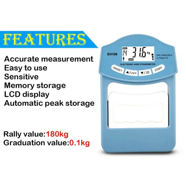 396Lbs/180 Kgs Digital Hand Dynamometer Grip Strength Measurement Meter Auto Capturing Electronic Hand Grip Power 2