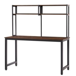 52 Inches Computer Desk with Hutch and Shelves, ,Space-Saving Laptop Table Modern PC Workstation Black Metal Frame Desk 2