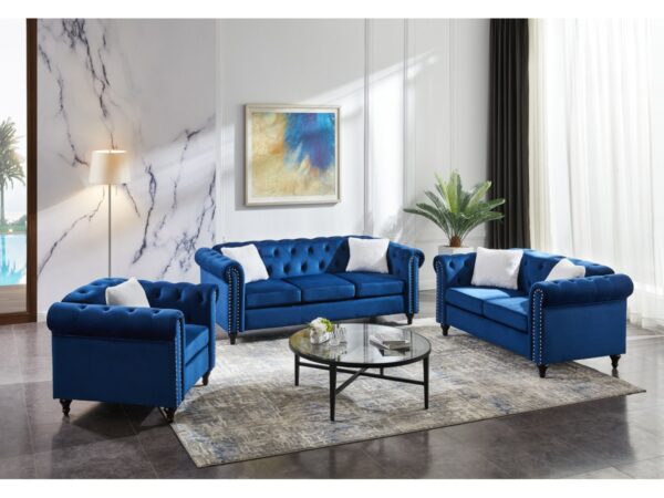 3 Piece Living Room Sofa Set, including 3-seater sofa, loveseat and sofa chair, with button and copper nail on arms and back 1