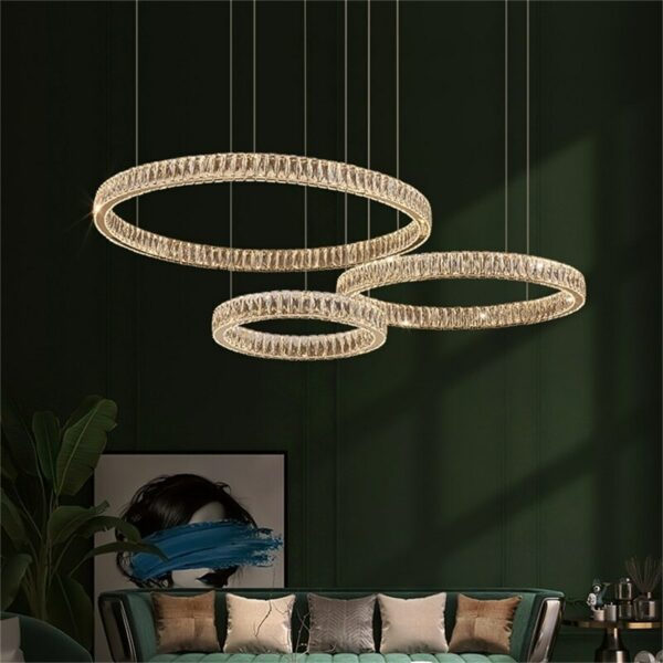 Hongcui Modern Pendant Light Luxury Crystal Three Rings LED Fixtures Decorative Living Room Round Chandeliers 5