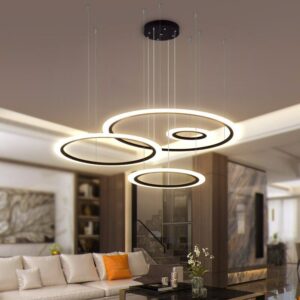 Modern Black Rings Chandelier for Living Room Hanging Lamp Bedroom Restaurant Pendant Light Fixture Home Kitchen Remote Lustre 2