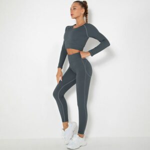 Bauhinia Striped Seamless Knitted Yoga Suit Women Fitness Running Sports Long-sleeved and Leggings Woman Two-piece Workout Set 2