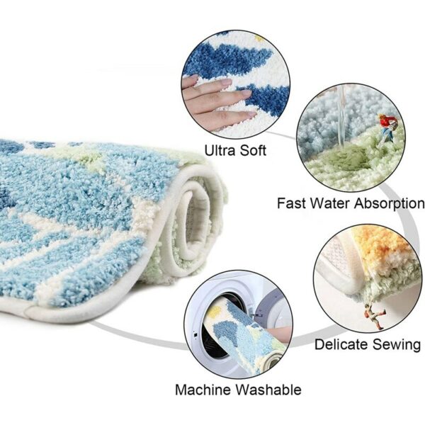 Inyahome Washable Leaves Bath Shower Rug Green and Blue for Bathroom Non Slip Bathtub Decor Mats Super Absorbent Floor Carpet 3