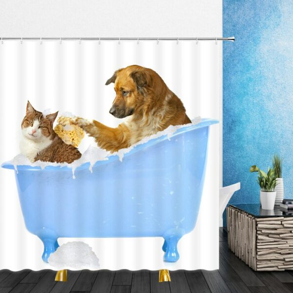 Funny Animal Shower Curtain Decor Cute Pet Cat Home Bathroom Decor Polyester Bath Cloth Curtain Set Lanyard Hook 3