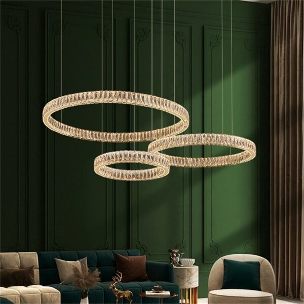 Hongcui Modern Pendant Light Luxury Crystal Three Rings LED Fixtures Decorative Living Room Round Chandeliers 3